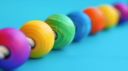 Colored wooden balls on a rope colorful wooden baby beads isolated on colorful background