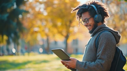 Obraz premium A person with curly hair in headphones engages with a tablet while surrounded by autumn foliage in a vibrant park