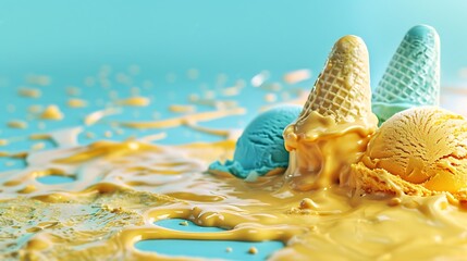 Colored yellow and blue ice cream melts from the hot sun