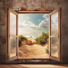Open window overlooking autumn forest scene