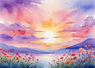 A watercolor painting of a serene sunset with flowers