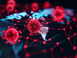 Virus spread visualization, map with hot zones, 3D illustration