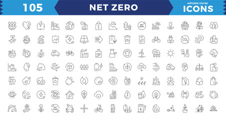 net zero, eco, sustainable development editable stroke outline icons set isolated on white background flat vector illustration. Wind Turbine, Carbon Footprint, Sustainability, Editable line