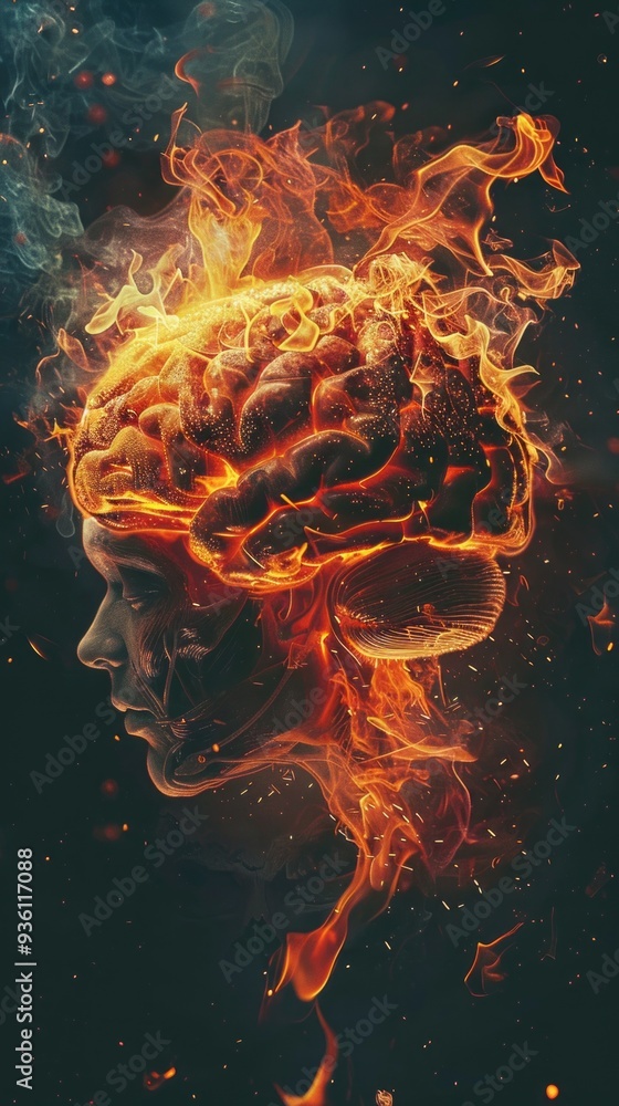 Poster this captivating illustration portrays a brain engulfed in vivid flames, symbolizing intense emotion