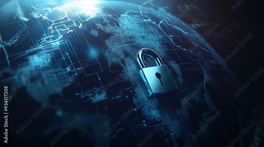 Poster a digital lock over a globe in cyberspace. stock photo. concept of cyber security and global data pr