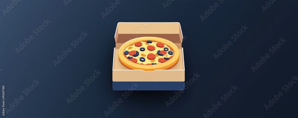 Poster minimalist style mobile app icon showcasing a pizza in an open box on a dark background