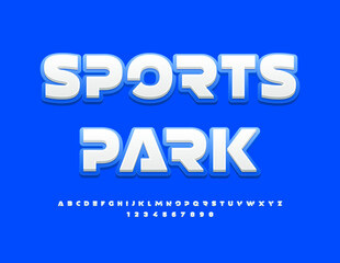 Vector modern emblem Sports Park with futuristic style Alphabet Letters and Numbers set. Blue and White creative Font