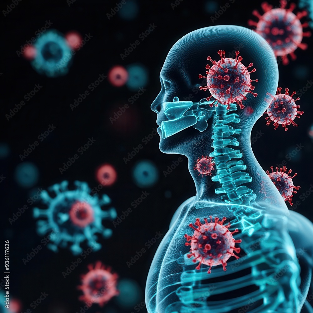 Wall mural human body with virus hotspots, heatmap visualization, 3d illustration