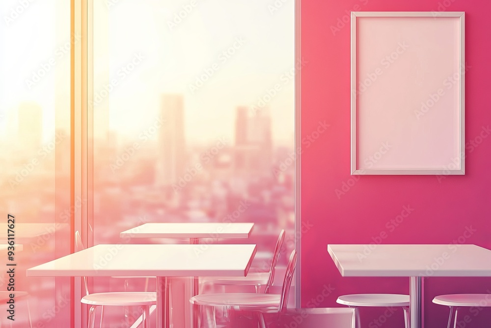 Poster an interior mockup of a pink cafeteria with seats and tables in a row and a window