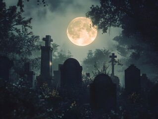 Haunting Moonlit Graveyard Landscape with Spooky Silhouetted Tombstones and Crosses