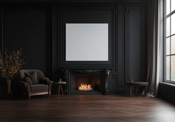 A living room with a fireplace, relaxing zones, and a window. A mockup of the wall.