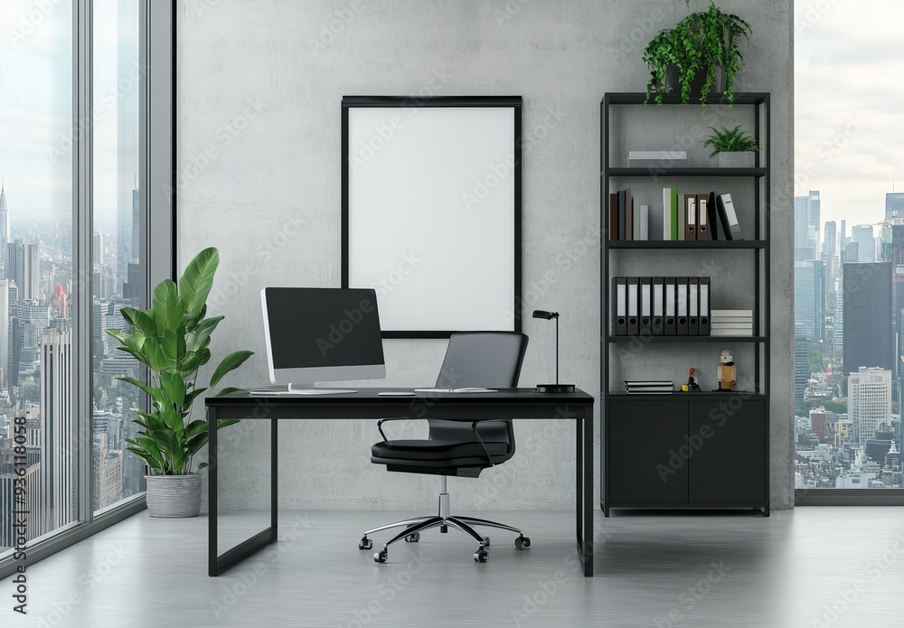 Poster the ceo desk is stylish in style and features a computer desktop in the corner as well as a shelf ne
