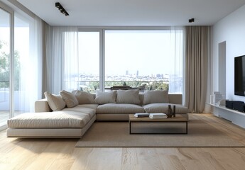 An interior rendering of a beige sectional sofa and coffee table, facing a large window with a view of the city.