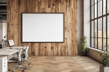 An interior of a wooden business with a desk and sideboard. Mockup frame included.