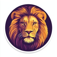 Sticker of a lion's head in circle shape, flat vector illustration, on white background, digital sticker, clipart 