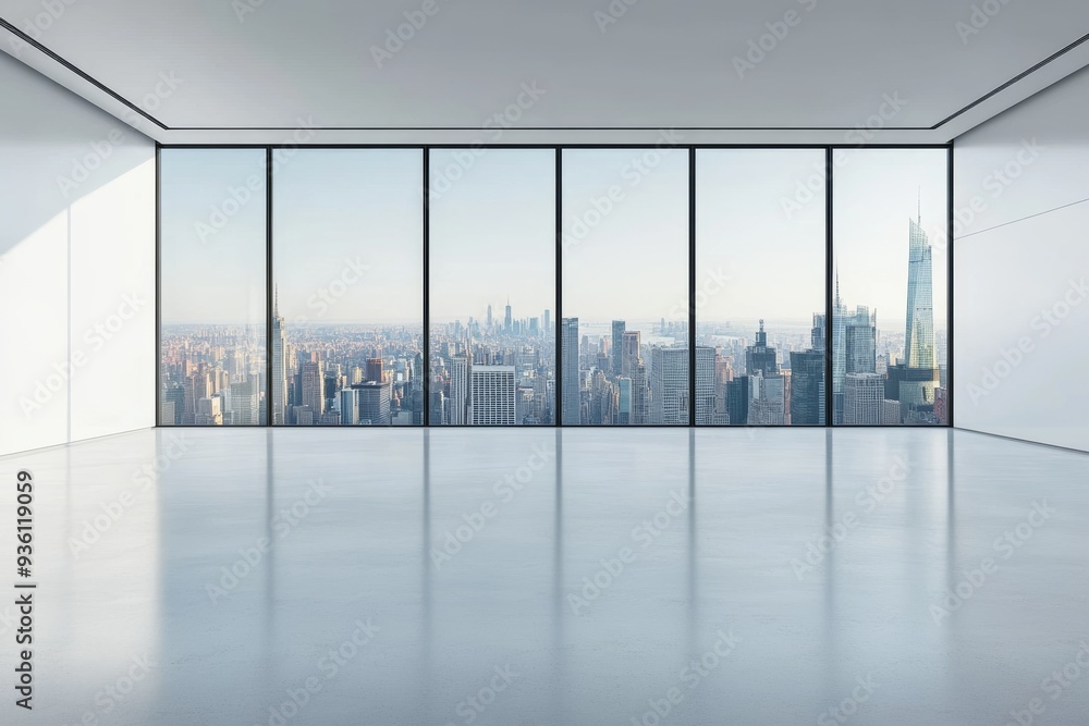 Poster light concrete floor and panoramic window in a stylish empty office