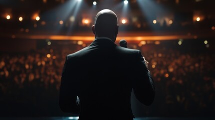 Presenting to a large audience at a corporate event. Presentation concept.