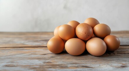 Concept of farm products, Happy Easter. World egg day. Copy space. Pile of Fresh Brown Eggs Arranged Elegantly on a Rustic Wooden Table
