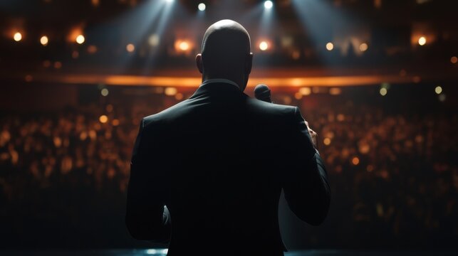 Presenting to a large audience at a corporate event. Presentation concept.