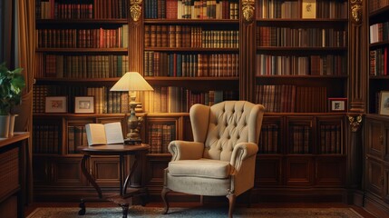 A large room with a chair and a lamp,The room is filled with bookshelves. Nice for books lovers