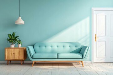 An interior design mockup of a blue and white living room with a sofa and drawer