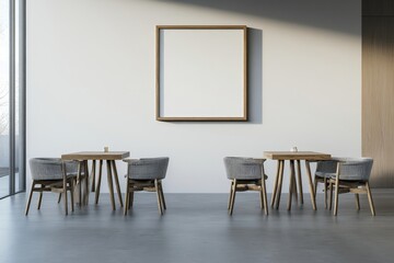 Fototapeta premium Interior of a beige restaurant with seating and tables, mockup
