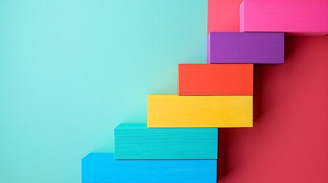 Colorful blank wood cube mock up in stair shape or graph isolated on colorful background