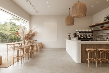 An interior rendering of a modern cafe with an empty wall, wooden counter, and natural light as a background. This is a concept of a cozy space.