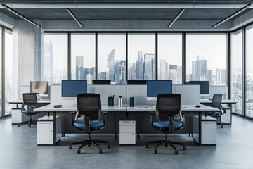 Various PC computers on tables, a window, and a mockup of a wall in an office.