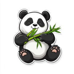 Fototapeta premium Sticker of a relaxed panda eating bamboo, flat vector illustration, on white background, digital sticker, clipart