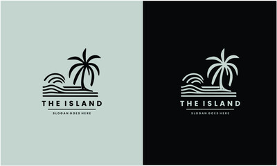 Sea wave palm tree line art logo minimalist vector symbol illustration design.