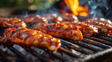 Juicy grilled chicken wings drizzled with rich barbecue sauce, garnished with fresh herbs, sizzling on the grill, perfect for summer gatherings and barbecues.