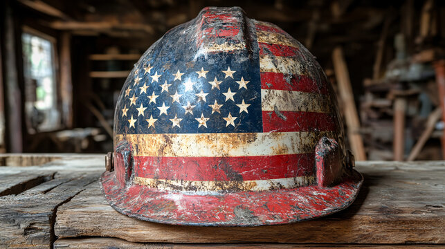 Labor Day themed image featuring an American flag printed on a construction helmet, honoring workers.