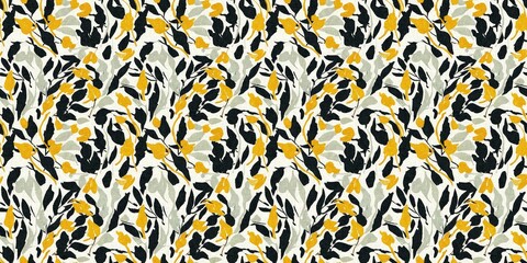 Modern printed fabric flower block print pattern with linen texture effect. Stylized boho dark floral for chic fashion background motif border design.