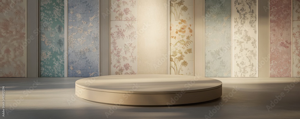 Poster elegant korean hanbok fabric pattern displayed in a modern setting with a circular platform in soft 
