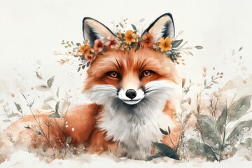 Watercolor Painting of a Red Fox with Flower Crown