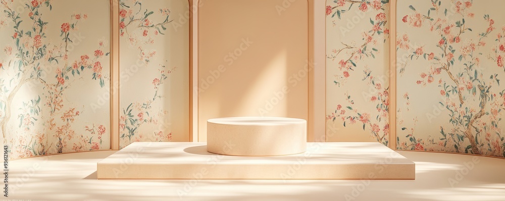 Poster elegant korean hanbok fabric pattern featuring floral art in a serene setting with soft warm lightin
