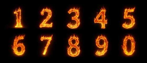 numbers made with fire, burning digits, from zero to ten, 0 to 10. isolated on black background