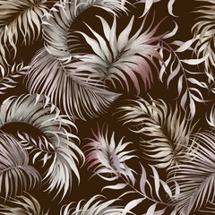 Dry Palm Leaves Pattern. Seamless background with tropical  fronds in Boho style. Hand drawn watercolor coconut treeon beige backdrop for wallpaper or textile design. Ornament for print.