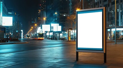 City street bus stop with a blank digital billboard poster, providing space for nighttime advertising.
