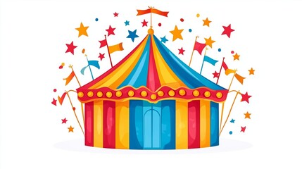 Fototapeta premium Colorful Circus Tent Surrounded by Stars and Flags in Celebration