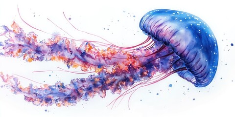 Watercolor Painting of a Blue and Purple Jellyfish with Orange and Pink Tentacles