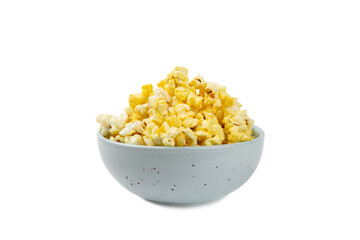 Salted popcorn isolated on white background. Cinema and entertainment concept. Movie night with popcorn. Delicious appetizer, snack.