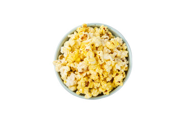 Salted popcorn isolated on white background. Cinema and entertainment concept. Movie night with popcorn. Delicious appetizer, snack.