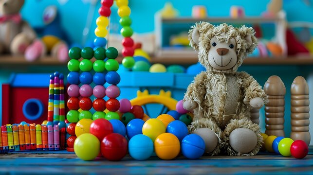 Colorful cildren toys on table wooden plastic and plush toys
