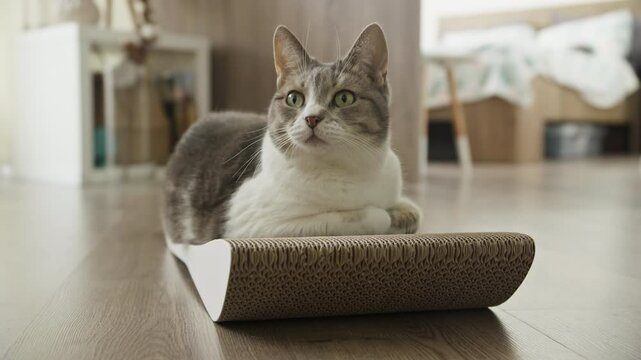 Alert Cat Sitting on a Scratching Board at Home