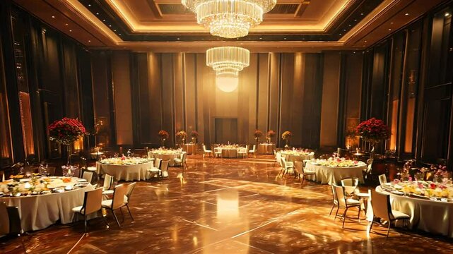 A luxurious banquet hall with elegant chandeliers, beautifully set tables, and warm ambient lighting, perfect for a grand event or wedding.