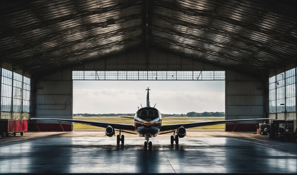 A small plane sits in a hangar with its doors open