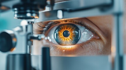 Close-up of an eye undergoing an eye examination with a slit lamp, showing intricate eye details and medical equipment.