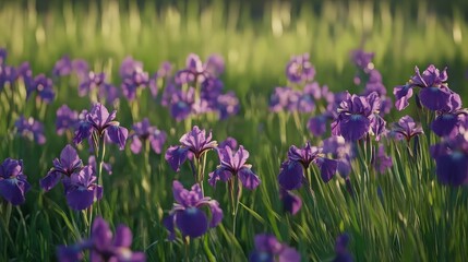 Fototapeta premium Purple Iris Flowers in a Field